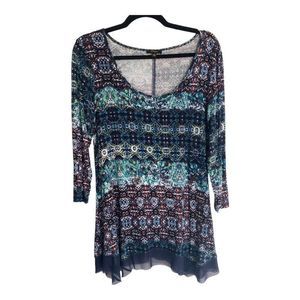 Cupio Women's 3/4 Sleeve Scoop Neck Batik Mesh Trim Pullover Blouse Size Medium